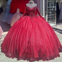 Red Glitter Ball Gown Quinceanera Dresses Off The Shoulder Applique Lace Tull Long Sleeved Corset Birthday Party Prom Vestidos De 15 Anos