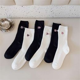 Socks & Hosiery Black White Socks, Trendy Brand Cotton for Women in Autumn Winter, Embroidered Letters x Mu, Solid Colour Medium Length