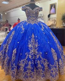 ブルーゴールドロイヤルベスティドスDE 15 ANOS 2024 Puffy Sweet 16ドレスオフショルダーQuinceanera Ball Gowns