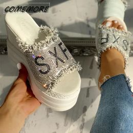 Slippers Platform Flip Flops Shoes Woman's 2024 Trend Wedge Heel Summer Casual Crystals Round Head Footwear High Heeled Outside