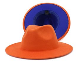 Outer Orange Inner Blue Patchwork Jazz Fedora Hats Men Women Party Music Formal Hat Wide Brim Wool Felt Two Tone Panama Fedoras4660662