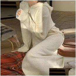 Basic Casual Dresses Solid Colour Hooded Plover 2023 Autumn Winter Long Sleeved Sweater Womens Loose Knitted Drop Delivery Apparel Clot Dhvsu