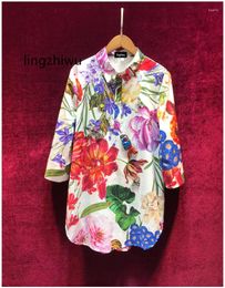 Women's Blouses Lingzhiwu Print Blouse Cotton Beading Vintage Shirt Female Designer Casual Top Plus Size Women 2024 Arrive