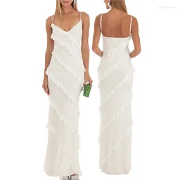 Casual Dresses Women's Ruffle Tiered Slip Dress Elegant Summer Fitted Bodycon Long White Sleeveless Backless Spaghetti Strap Party
