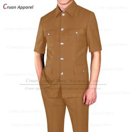 Fashion Men Suit Set Chinese Tunic Summer Wedding Business Slim Fit Blazer Pants 2 Pieces Formal Short Sleeve Jackets 240412