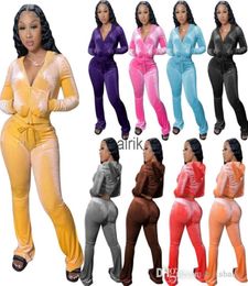 Women Velour Tracksuits Hoodie Sport Two Piece Outfits Pink Velvet Sweatsuits Zipper Pocket Long Sleeve Jacket Bell Wid Leg Pant S1202239