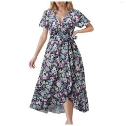 Casual Dresses Floral Maxi For Women 2024 Summer Wrap V Neck Ruffle Belted Boho Holiday Dress Elegant Ladies Party A Line Flowy