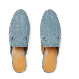 New Mules Slippers Women Blue Denim Embroidery Slippers Round Toe Flat Half Slipper Classic Loafers Shoes Designer Slip On Spring Summer Outwear Flat Causal Mules