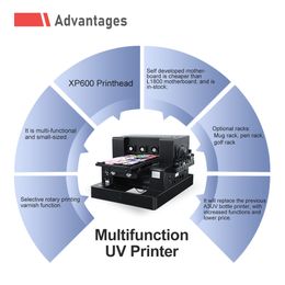 Automatic XP600 UV Flatbed Printer with Rotary For Bottle Phone Case UV DTF Printer A3 UV Printer Metal UV DTF Printing Machine