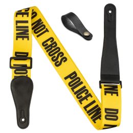 Hanger Guitar Strap Yellow "POLICE LINE DO NOT CROSS" + 1 Black Leather Guitar Head Stock Strap Tie