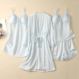 Home Clothing Sexy Womens Lace Printed Satin Pajamas Sets Robe Nightdress Sling Shorts 4Pcs Sleepwear Sleep Suit Spring Nightwear Wear