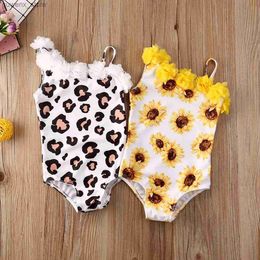 Endelar Summer Kid Baby Girls Bikini Sunflowers Leopard Print Ruffles spets en axel badkläder bodysuit strandkläder kläder 0-5y y240412