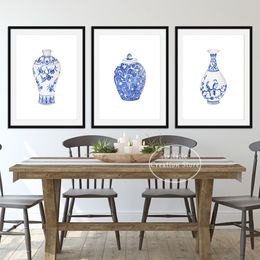 Watercolor Ginger Jar Vase Chinese Style Poster Print Ming Porcelain Blue and White Canvas Painting Oriental Art Room Home Decor