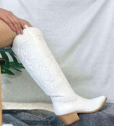 Cowboy Cowgirls Western Boots Autumn Winter White Knee High Women Big Size 41 Comfy Walking Stacked Heels Vintage Shoes J2208054154287