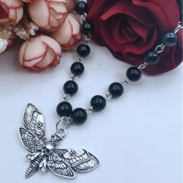 Gothic Skull Moth Pendant Necklace Beaded Chain Antique Pagan Gothic Necklace Men's and Women's Jewelry Gift Accessories