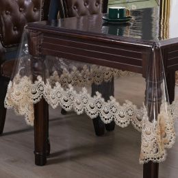 Waterproof Table Cloth PVC Transparent Soft Dining TableCloth Lace Embroidered Oil-proof Table Cover Coffee Table Crystal Plate