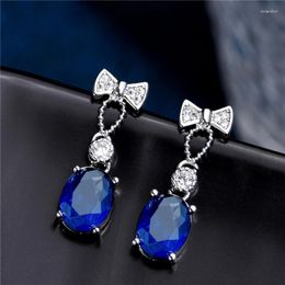 Dangle Earrings Luxury Bowknot Zircon Drop Oval Crystal Blue Colors Woman Earring Large Korean Jewelry Statement For Trendy Girl Gift