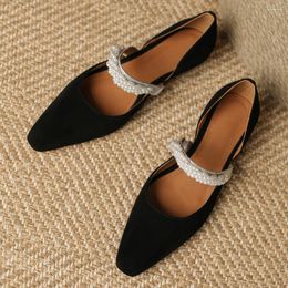 Casual Shoes Women's Mary Jane Flats Natural Suede Leather Beading Band Pointed Toe Slip-on Female Footwear Summer Daily Women