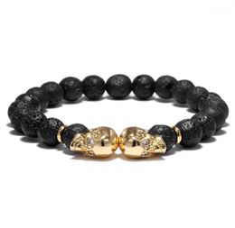 Charm Bracelets 8mm Natural Lava Stone Bracelet Retro Black Beads Fashion Men Skull Braclet Simple Design Punk Jewelry Brazalet Ho3601597