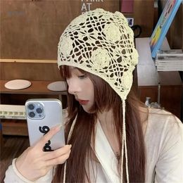 Fashion Beanie Hat for Women Girl Crochets Flower Knitted Hat Ethnic Style Cap Girl Bonnet Y2K Sweet Hat Adult Headdress 240410