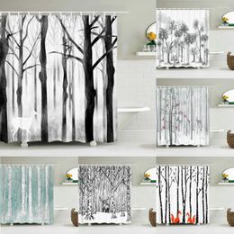 Shower Curtains Waterproof Curtain Flower Leaves Birch Wood Printing Bathroom Wall Decoration Screen