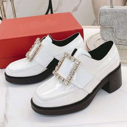 2024 Autumn New Fashion Diamond Square Button Lefu Women's Round Toe Shallow Mouth Thick Heel College Style Versatile Small Leather Shoes