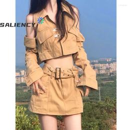 Work Dresses Korean Spring Denim 2PCS Outfit Sets Girls Khaki Strapless Short Top Long Sleeve Shirt And High Waist Mini Skirt Sexy Y2k Set