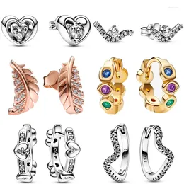 Stud Earrings Authentic 925 Sterling Silver Wave Infinity Stones Floating Curved Feather Radiant Heart Earring For Women Gift Fashion