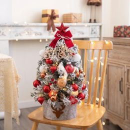 Tabletop Christmas Tree with Deco Kit Red White Ball Ornament and Gift Box Snow Flocked Mini Christmas Tree for Tabletop Deco