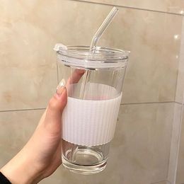 Wine Glasses 350ml Glass Straw Cup Portable Coffee With Lid Milk Tea Water