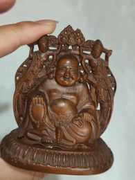 Decorative Figurines Chinese Boxwood Double-sided Sculpture Maitreya Buddha Big Belly Statue Home Guardian