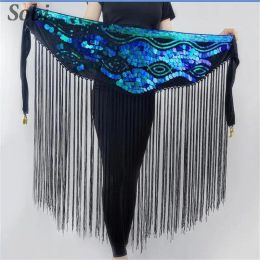 Women Shiny Tassels Belly Dance Hip Scarf Sequin Waist Chain with Gold Coins Belly dancing Glitter Fringe Waist Belt Wrap Skirt