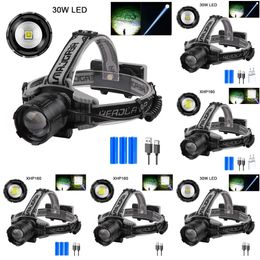 New Zoomable Xhp160 Headlamp Type-C Rechargeable Strong Light Display 30W White Laser Headlight For Fishing Camping