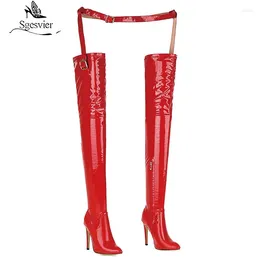 Boots Sgesvier 2024 Women Thigh High Stiletto Sexy Over The Knee Red Black Patent Leather Long