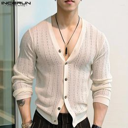 Men's Casual Shirts Korean Style Men Fashion V-neck Button Design Comfortable Long Sleeved Cardigan Blouse S-5XL INCERUN Tops 2024
