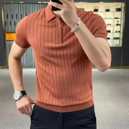 Men's Polos Summer Clothing Luxury Knitted Tees Tops Solid Stripe Lapel Jacquard Polo Shirt Casual Leisure Short Sleeve Knitwear