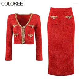 Work Dresses Year Red Sequined Beading 2 Piece Sets Women Outfit Luxury Designer Elegant V-neck Jacket And Long Skirt Two Set 2024