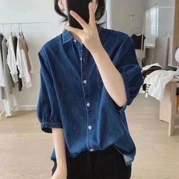 Women's Blouses Denim Shirt Spring Summer 2024 Korean Loose Single-Breasted Jacket Female Short Sleeved Jeans Shirts Ladies Tops