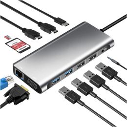 Hubs Triple Display USB C Hub Dual Monitor Adapter Laptop Hub USB C to 2 HDMI 4K+VGA+Ethernet+100W PD+4USB+Audio for MacBook Pro OTG