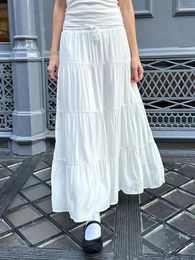 Skirts Vintage Lace-up White Long Women Summer Cotton Drawstring High Waist A-line Skirt Female Sweet Simple Loose Faldas Y2k