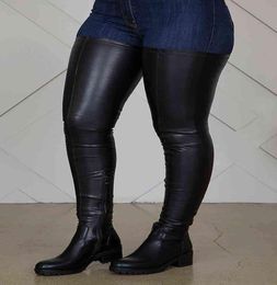 Big Size 43 Black Over Knee High Boots Stretch Fabric Fit All Size Ladies Round Toe Thigh High Long Boots Low Chunky Heel Y11262186917