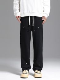 Men's Pants Side Strap Button-down Logging Sweatpants Straight Leg Loose Heavy Cotton High Street Slacks