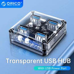 Hubs ORICO Transparent USB HUB 4 7Ports USB3.0 Adapter Splitter Support External Micro USB Power Supply for Desktop Laptop Accessorie