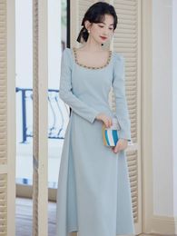 Casual Dresses French Vintage For Women Square Collar Puff Sleeve Spring Slim Dress Sweet Vestidos Court Style Retro Elegant Midi