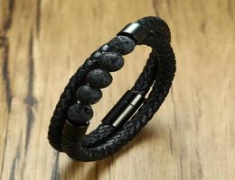 Black Braided Microfiber Leather Charm Bracelet Natural Lava Stone Beaded Bracelet Men Health Magnet Buckle Jewelry74412422547080