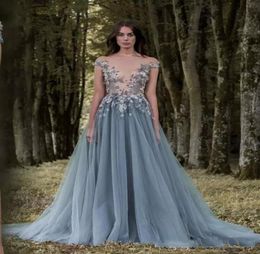 2023 Paolo Sebastian Grey Evening Dresses Sheer Plunging Neckline Lace 3D Applique Beaded Party Prom Gowns Tulle Evening Wear For 7095251