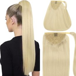 Ponytail Hair Extension Human Hair Platinum Blonde Ponytail Extensions Wrap Around Real Hair Extensions For Women Clip ins 100Grams 12Inch