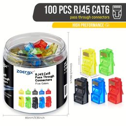 ZoeRax 100Pcs RJ45 Cat6 Connectors Pass Through, Assorted Colours (20pcs/color), EZ to Crimp Modular Plug Bottled