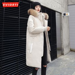 Winter White Duck Down Long Jacket For Men Women Korean Styles Big Pockets Puffer Thickened Fur Collar Cargo Hoodies Parka Coat