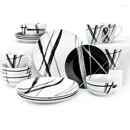 Plates ZYAN 16 Piece Round Dinnerware Sets Black And White Metro Stoare Dish Dishwasher Safe Bowls For 4